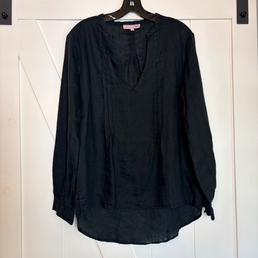 Hanna G Black 100% Linen Pintuck V-Neck Tunic Top Long Sleeve High Low Medium